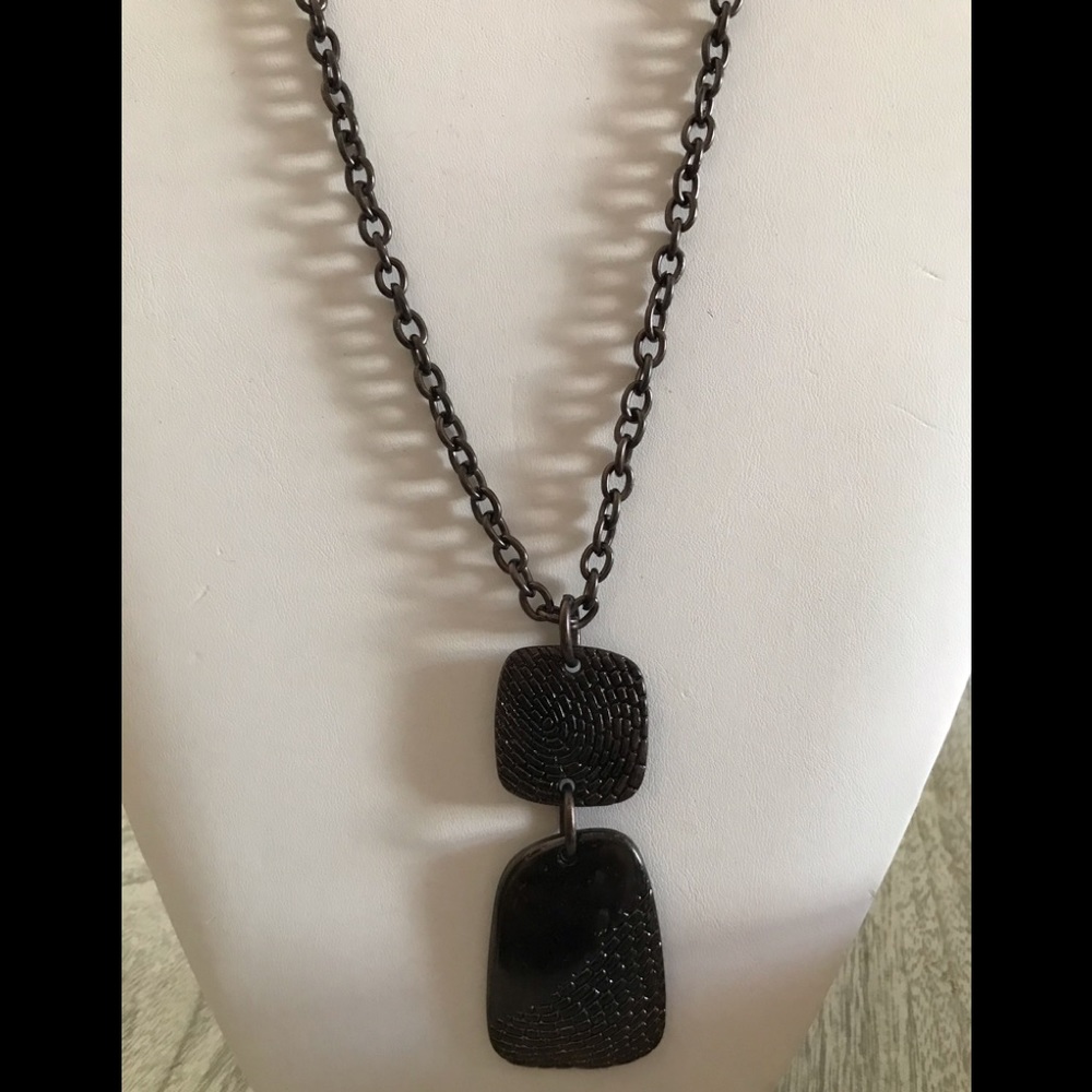 Brown Metal Necklace Textured Geometric Pendant